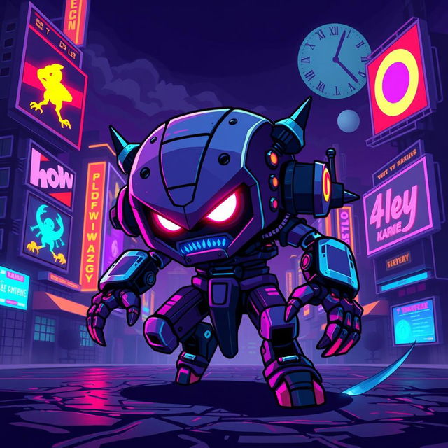 A vibrant pixel art depiction of an iconic 2D video game enemy character, set in a cyberpunk world