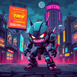 A vibrant pixel art depiction of an iconic 2D video game enemy character, set in a cyberpunk world