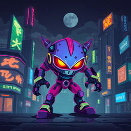 A vibrant pixel art depiction of an iconic 2D video game enemy character, set in a cyberpunk world