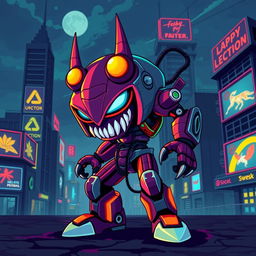 A vibrant pixel art depiction of an iconic 2D video game enemy character, set in a cyberpunk world