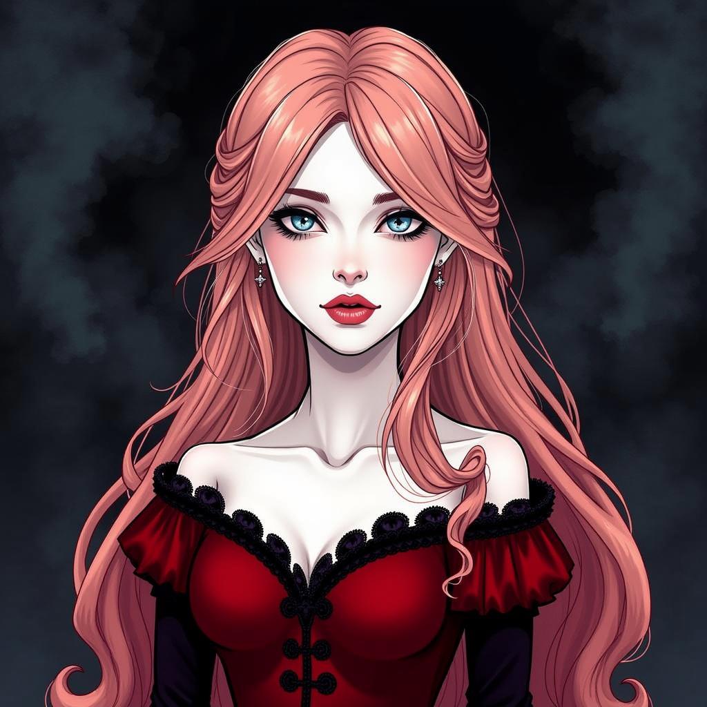 A graphic illustrative image of a pale woman with striking icy blue eyes and flowing rose gold hair, styled elegantly