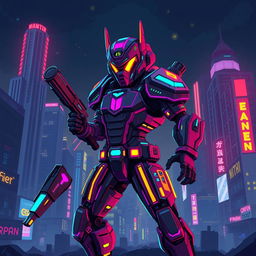 A vibrant and detailed pixel art depiction of a cyberpunk enemy character, characterized by futuristic technology and neon colors