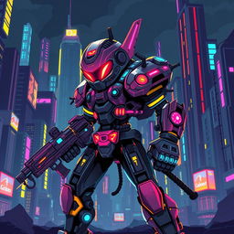 A vibrant and detailed pixel art depiction of a cyberpunk enemy character, characterized by futuristic technology and neon colors