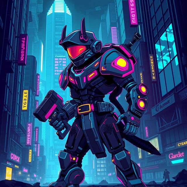 A vibrant and detailed pixel art depiction of a cyberpunk enemy character, characterized by futuristic technology and neon colors