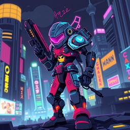 A vibrant and detailed pixel art depiction of a cyberpunk enemy character, characterized by futuristic technology and neon colors