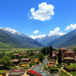 A stunning landscape of Iran showcasing the majestic Alborz mountain range, with snow-capped peaks on one side and lush green valleys on the other