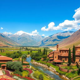 A stunning landscape of Iran showcasing the majestic Alborz mountain range, with snow-capped peaks on one side and lush green valleys on the other