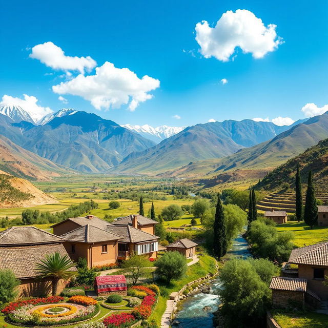 A stunning landscape of Iran showcasing the majestic Alborz mountain range, with snow-capped peaks on one side and lush green valleys on the other