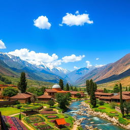 A stunning landscape of Iran showcasing the majestic Alborz mountain range, with snow-capped peaks on one side and lush green valleys on the other