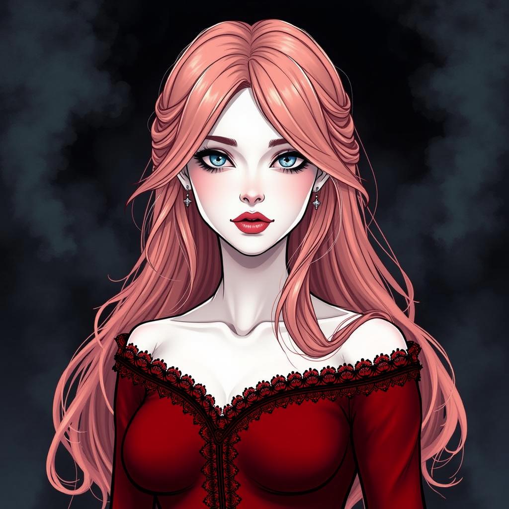 A stunning young woman with long, flowing pink hair, wearing a vintage gothic dark red dress with elegant lace details