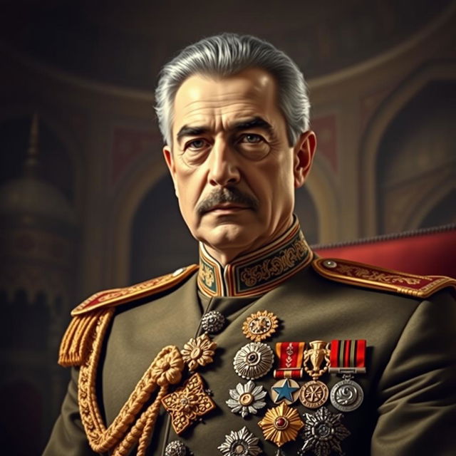 A detailed portrait of Reza Pahlavi, the former Shah of Iran, depicted in a dignified and regal pose