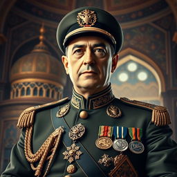 A detailed portrait of Reza Pahlavi, the former Shah of Iran, depicted in a dignified and regal pose