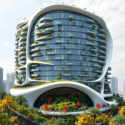 An elegant residential building with a curved, twisted, bionic shape and futuristic design, rising to 40 floors