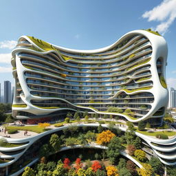 An elegant residential building with a curved, twisted, bionic shape and futuristic design, rising to 40 floors