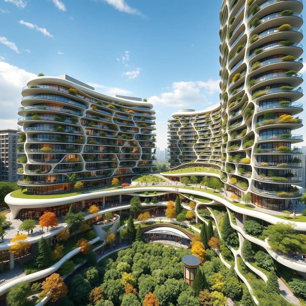 An elegant residential building with a curved, twisted, bionic shape and futuristic design, rising to 40 floors