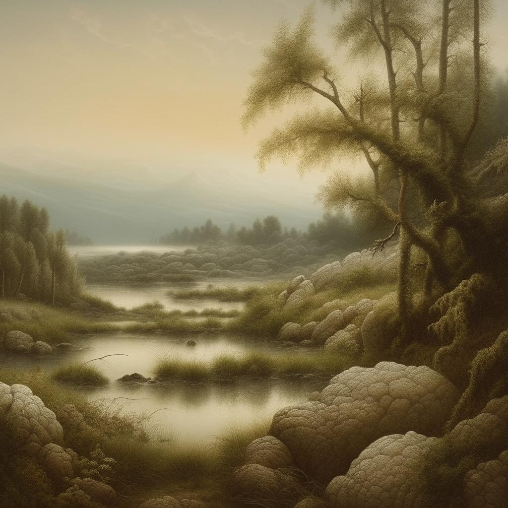 Adjust the tranquil and serene landscape painting to match the distinctive style of John William North, featuring soft, muted tones and intricate detailing of nature.