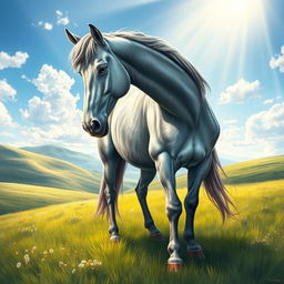 A majestic gray horse standing proudly on a lush green meadow, its mane flowing elegantly in the soft breeze
