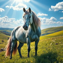 A majestic gray horse standing proudly on a lush green meadow, its mane flowing elegantly in the soft breeze