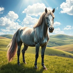 A majestic gray horse standing proudly on a lush green meadow, its mane flowing elegantly in the soft breeze