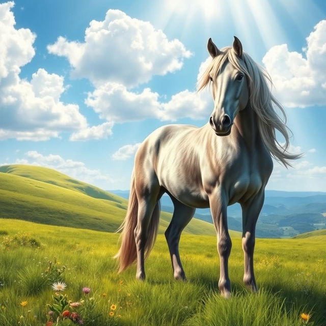 A majestic gray horse standing proudly on a lush green meadow, its mane flowing elegantly in the soft breeze