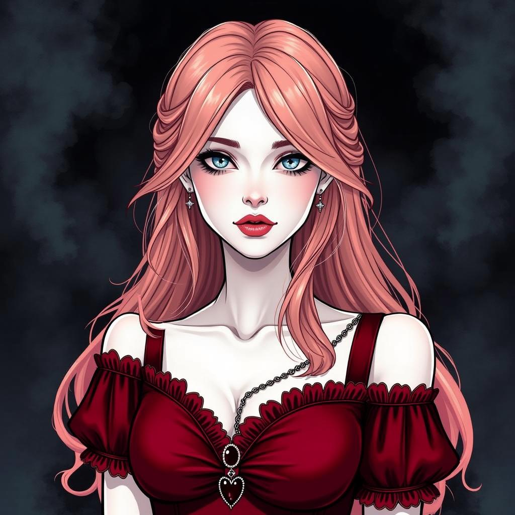 A stunning young woman with long, flowing pink hair, wearing a vintage gothic dark red dress with elegant lace details