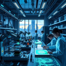 A futuristic nanotechnology workshop, bustling with activity