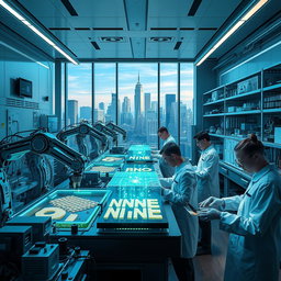 A futuristic nanotechnology workshop, bustling with activity