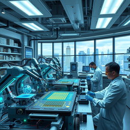 A futuristic nanotechnology workshop, bustling with activity