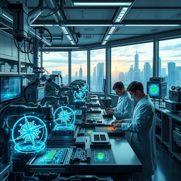 A futuristic nanotechnology workshop, bustling with activity
