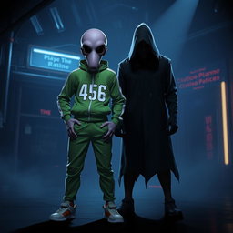 A dynamic scene featuring a character dressed as Player 456 from 'Squid Game', which includes the iconic green tracksuit with the number 456 on the front, standing confidently next to a mysterious, shadowy figure