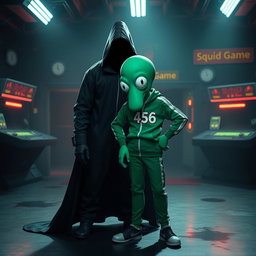 A dynamic scene featuring a character dressed as Player 456 from 'Squid Game', which includes the iconic green tracksuit with the number 456 on the front, standing confidently next to a mysterious, shadowy figure