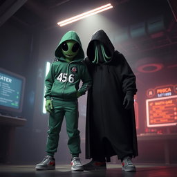 A dynamic scene featuring a character dressed as Player 456 from 'Squid Game', which includes the iconic green tracksuit with the number 456 on the front, standing confidently next to a mysterious, shadowy figure