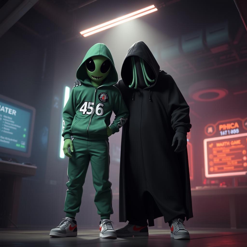 A dynamic scene featuring a character dressed as Player 456 from 'Squid Game', which includes the iconic green tracksuit with the number 456 on the front, standing confidently next to a mysterious, shadowy figure