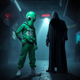 A dynamic scene featuring a character dressed as Player 456 from 'Squid Game', which includes the iconic green tracksuit with the number 456 on the front, standing confidently next to a mysterious, shadowy figure