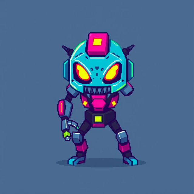 A simple pixel art style enemy character for a 2D platform game, inspired by cyberpunk aesthetics