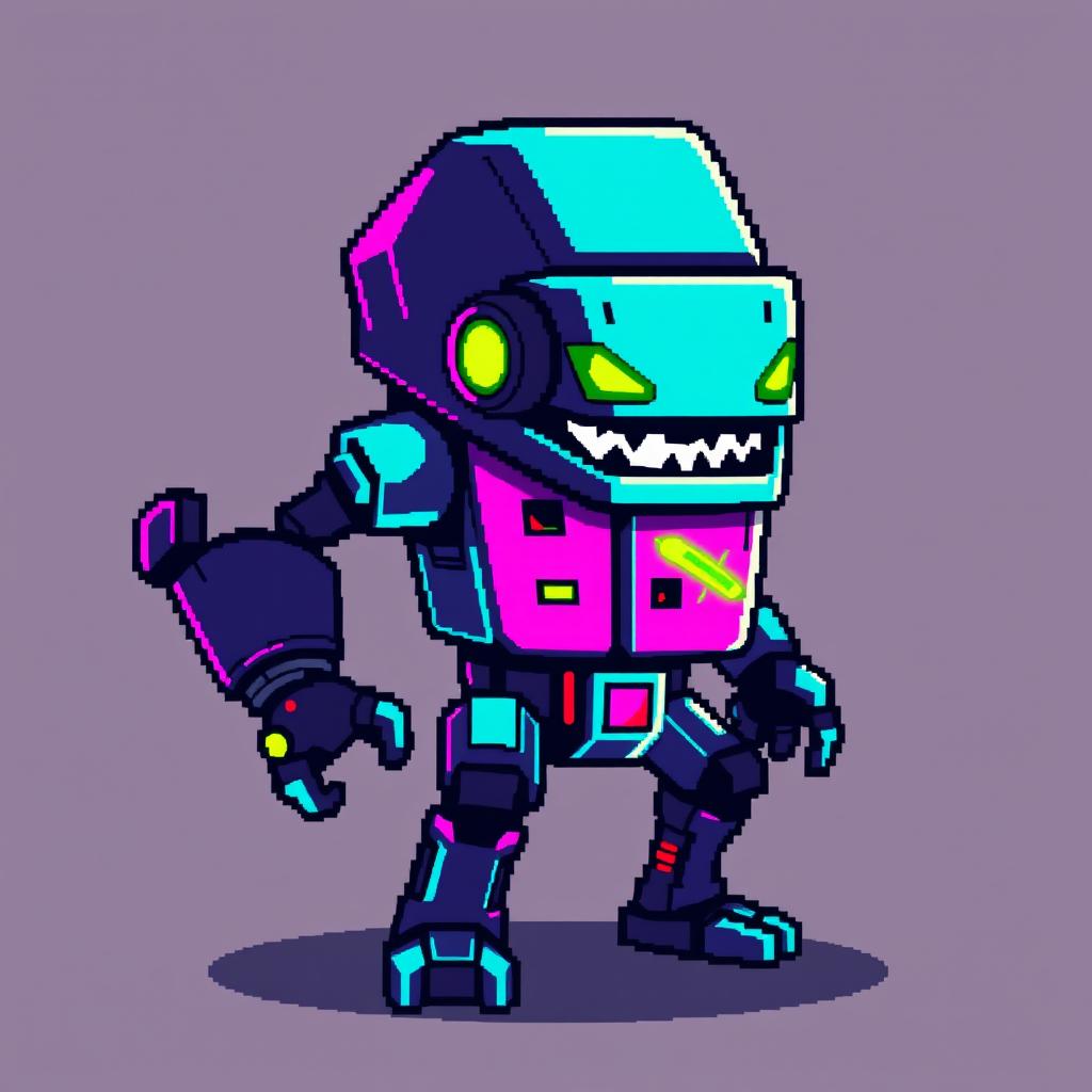 A simple pixel art style enemy character for a 2D platform game, inspired by cyberpunk aesthetics