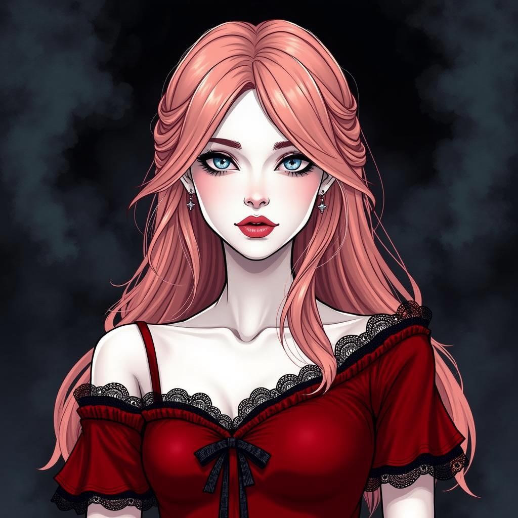 A stunning young woman with long, flowing pink hair, wearing a vintage gothic dark red dress with elegant lace details