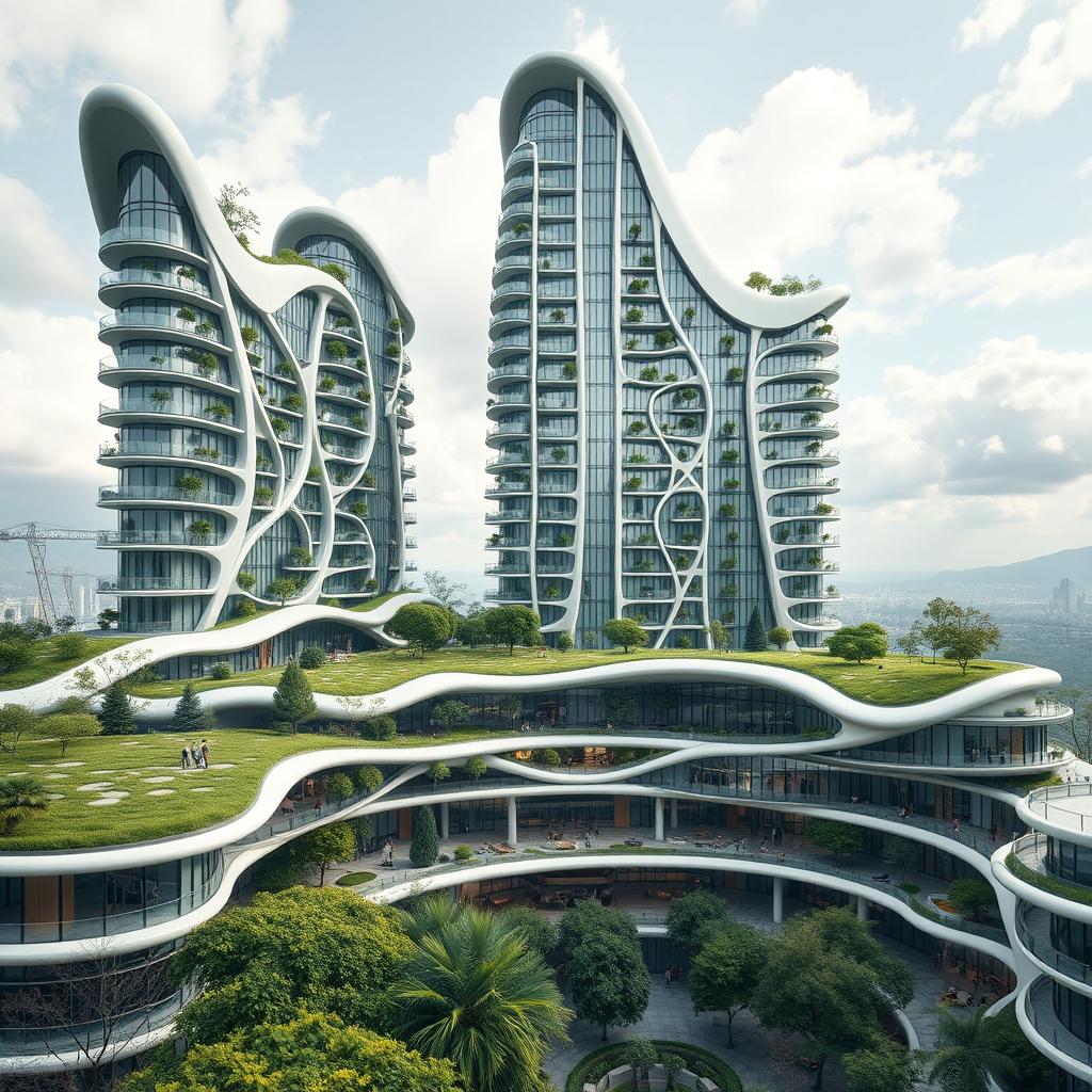 A stunning residential building with a smooth, curvilinear shape, featuring bionic and futuristic design, rising up to 40 stories