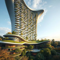 A stunning residential building with a smooth, curvilinear shape, featuring bionic and futuristic design, rising up to 40 stories