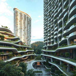 A stunning residential building with a smooth, curvilinear shape, featuring bionic and futuristic design, rising up to 40 stories