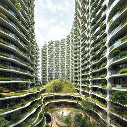 A stunning residential building with a smooth, curvilinear shape, featuring bionic and futuristic design, rising up to 40 stories