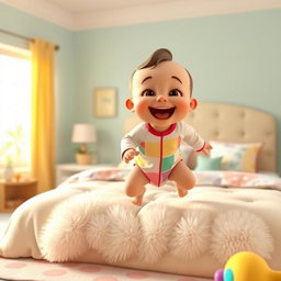 A vibrant 3D rendered scene of a baby joyfully jumping on a large, fluffy bed