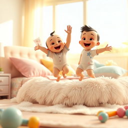 A vibrant 3D rendered scene of a baby joyfully jumping on a large, fluffy bed