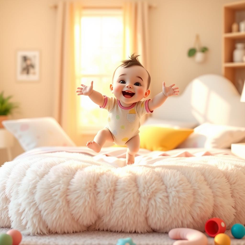 A vibrant 3D rendered scene of a baby joyfully jumping on a large, fluffy bed