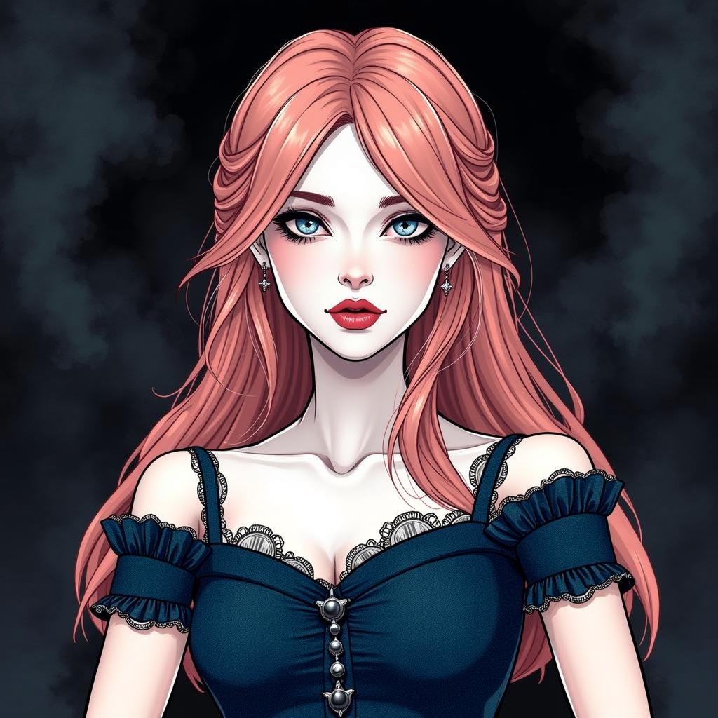 A stunning young woman with long, flowing pink hair, wearing a vintage gothic dark blue dress with elegant lace details