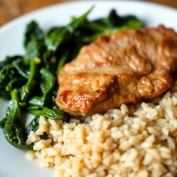 A delicious plate of cooked meat served with sautéed spinach on the side, accompanied by a serving of perfectly cooked brown rice