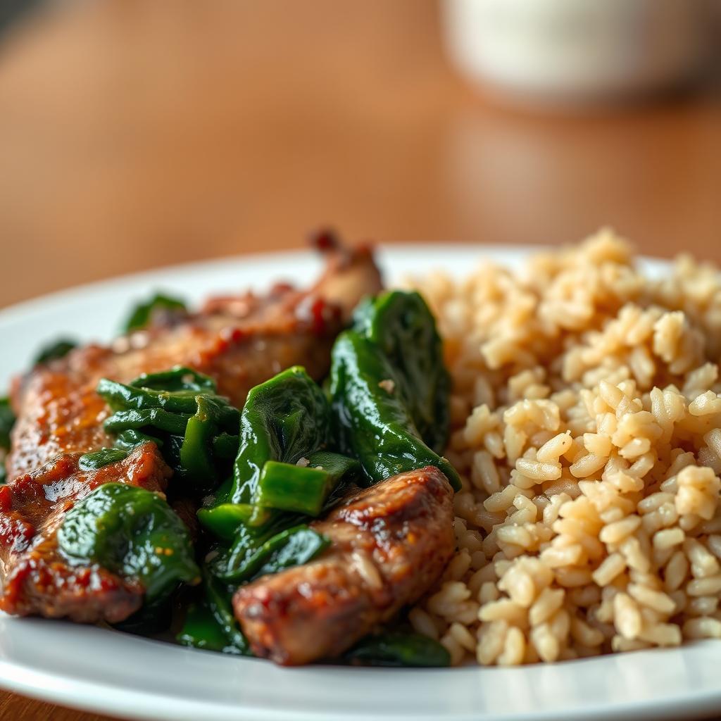 A delicious plate of cooked meat served with sautéed spinach on the side, accompanied by a serving of perfectly cooked brown rice