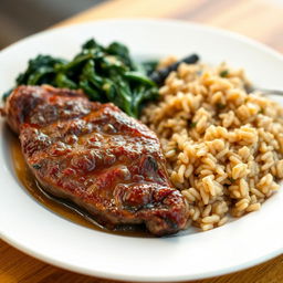 A delicious plate of cooked meat served with sautéed spinach on the side, accompanied by a serving of perfectly cooked brown rice
