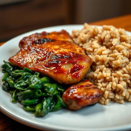 A delicious plate of cooked meat served with sautéed spinach on the side, accompanied by a serving of perfectly cooked brown rice