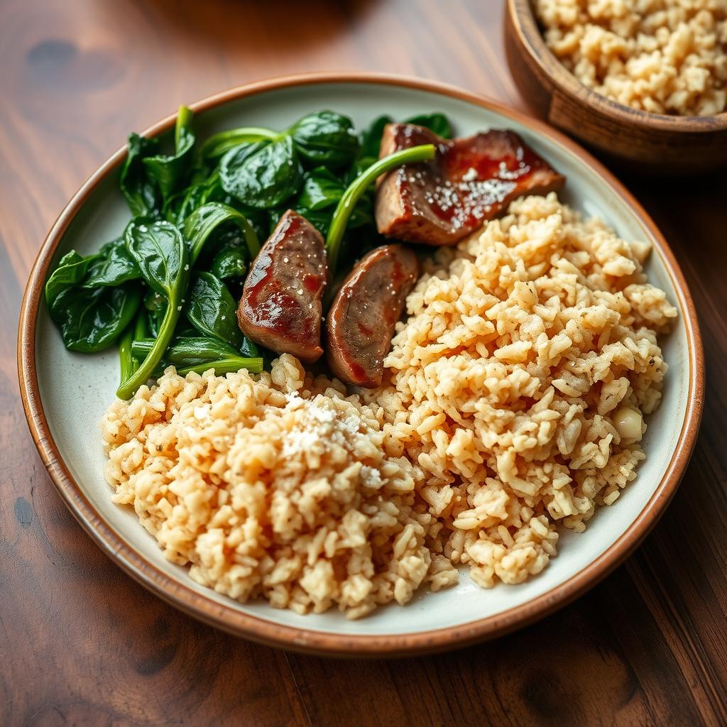 A beautifully plated dish featuring cooked beef slices alongside sautéed spinach